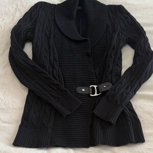 Lauren. Ralph Lauren Black Cable Knit Sweater with Belt